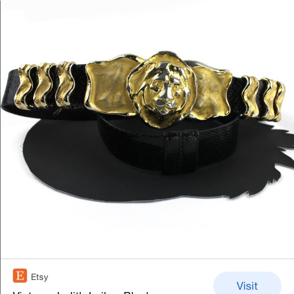 RARE Vintage JUDITH LEIBER gold Lion Head black reptile leather adjustable Belt